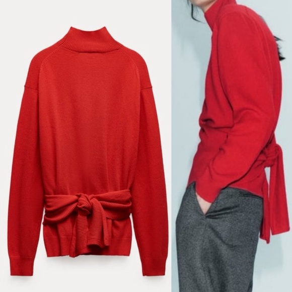 Zara | 100% Cashmere Knotted Red Mock Neck Sweater Size: M/L - Picture 2 of 7